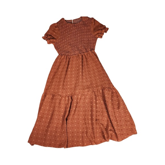 SHEIN Dresses & Skirts - Shein Rust Brown Swiss Dot‎ Smocked Midi Dress Boho Tiered Short Puff Sleeve M 6